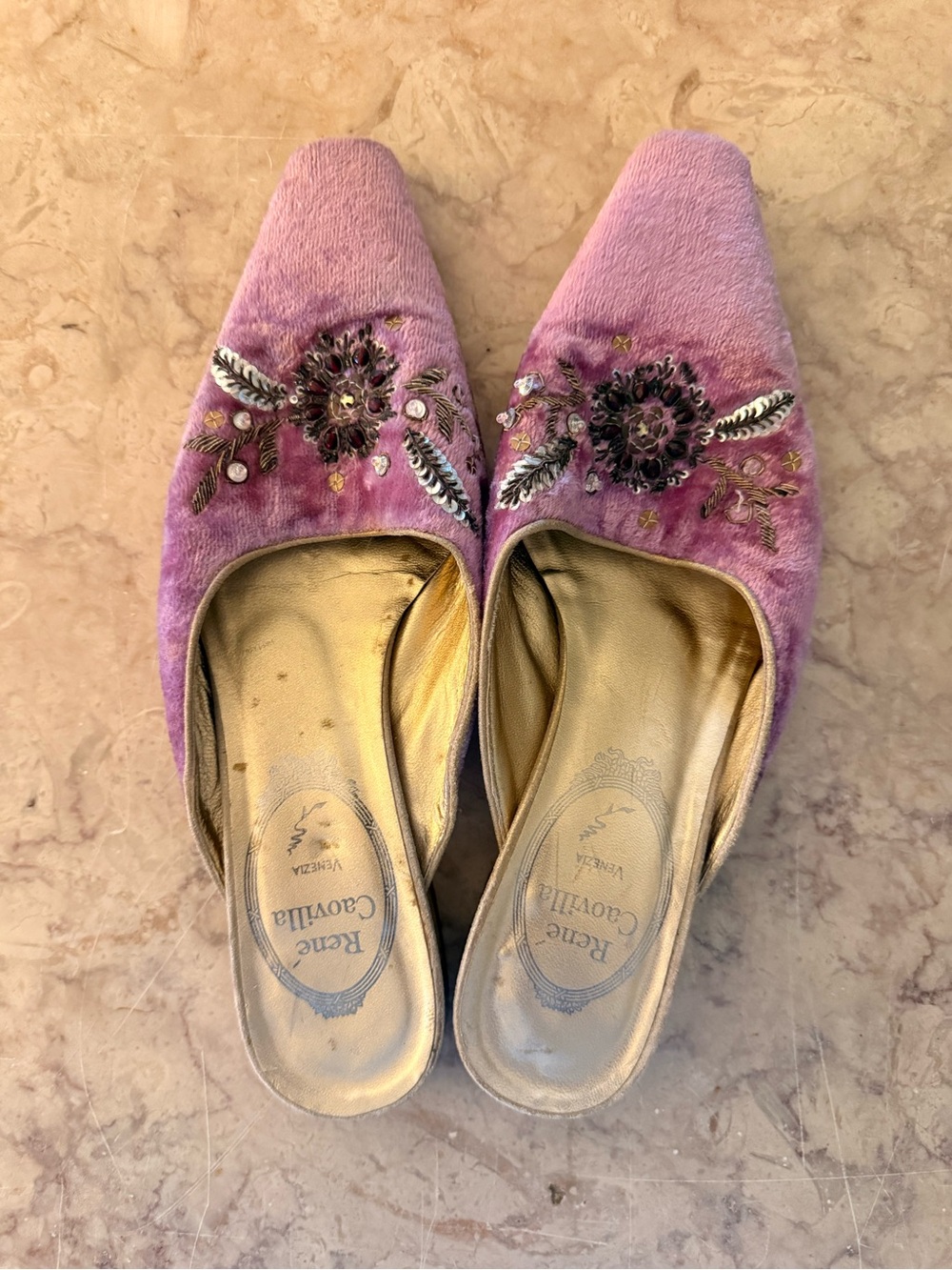 Rene Caovilla Lavender Pink Velvet Embellished Mules